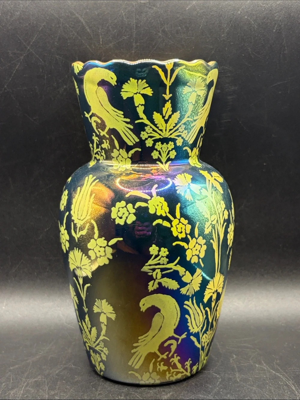 Anthropologie Lanza Iridescent Stoneware Floral Bird Motif Vase Vessel Decor
